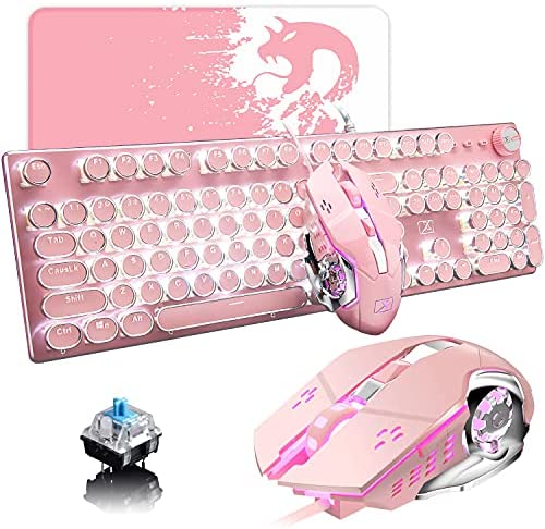 Gaming Keyboard and Mouse,Retro Steampunk Vintage Typewriter-Style Mechanical Keyboard with White LED Backlit,104-Key Anti-Ghosting Blue Switch Wired USB Metal Panel Round Keycaps(Pink)