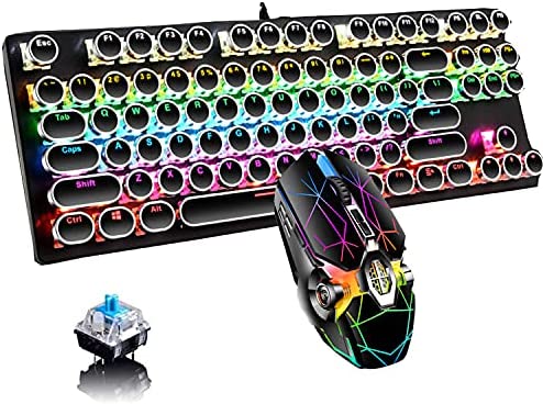 Gaming Keyboard,Retro Punk Typewriter Style,Mechanical Keyboard Blue Switch with 9 True RGB Backlight Modes,Gaming and Office use, Stylish Pink Mechanical Keyboard (Round keycap) (Black/Set)