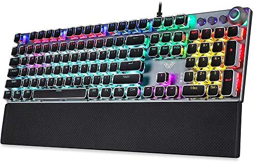 Gaming Mechanical Keyboard, Metal Panel104 Anti-ghosting Keys,Brown Switches,Led Backlit,USB Wired, Wrist Rest,Good for Game and Office,for Computer PC Desktop Laptop(2088-Black)