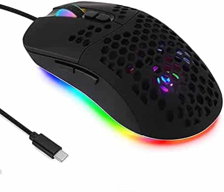 Gaming Mouse, Cellular Hollow Design Lightweight Wired Mouse with RGB Backlit 7200 DPI 4 Adjustable Type C Port Mice, for MacBook Pro Chromebook Tablet Laptop PC (Black)
