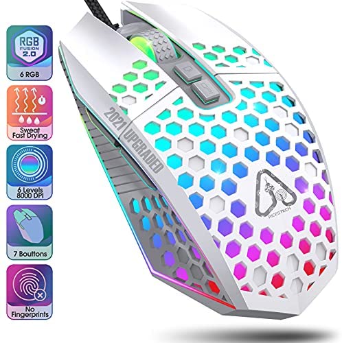 Gaming Mouse PC Gaming Mice – Honeycomb Mouse Gamer RGB Gamingmouse Wired Ergonomic 6 Levels up to 8000 DPI 7 Programmable Buttons 7 Backlight Modes for PC Laptop Mac Windows Vista Linux (White)