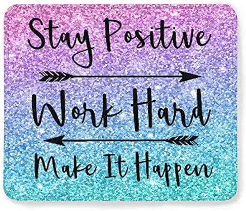 Gaming Mouse Pad Custom, Stay Positive Work Hard and Make It Happen Inspirational Quotes Mouse Pad Art Rose Gold and Silver Glitter Black Quote Maus Souris Ratón 12x10Inch (Fantasy)