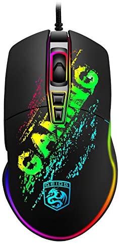 Gaming Mouse Wired with Rainbow Chroma RGB Breathing Backlit 7 Button Adjustable 6400 DPI Optical Sensor Ultraweave Cable for PC Mac Laptop X-Box PS4 Gamer (Black Mixed)