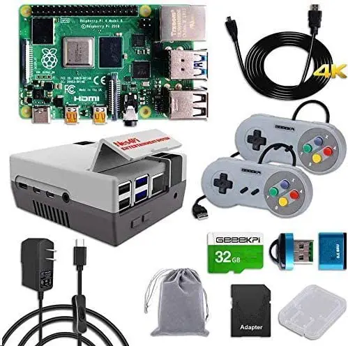 GeeekPi Raspberry Pi 4 8GB RAM Starter Kit with 32GB Micro SD Card, Nes4Pi Case, 5V 3A USB-C Power Supply, 2PCS Game Controllers, Heatsinks, Cooling Fan, Micro HDMI Cable and SD Card Reader