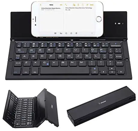 Geyes Portable Folding Wireless Keyboard – BT Rechargeable Full Size Ultra Slim Foldable Keyboard with Kickstand, Aluminum Alloy, Compatible iOS Android Windows Smartphone Tablet and Laptop, Black