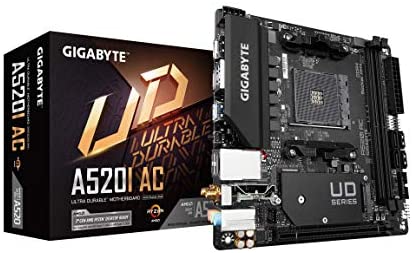 Gigabyte A520I AC (AMD Ryzen AM4/Mini-ITX/Direct 6 Phases Digital PWM with 55A DrMOS/Gaming GbE LAN/Intel WiFi+Bluetooth/NVMe PCIe 3.0 x4 M.2/3 Display Interfaces/Q-Flash Plus/Motherboard)