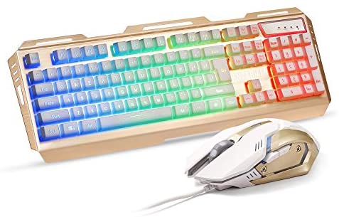 Gold Gaming Keyboard and Mouse Combo,Rainbow Keyboard Backlit,Color Change LED Keyboard Computer Keyboard,Lighted PC Mouse,USB Keyboard White Key Caps,Golden Metal Frame,for PC Gamer
