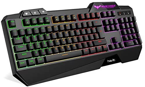 HAVIT Rainbow Backlit Wired Gaming Keyboard 104 Keys LED USB Ergonomic Wrist Rest Keyboard for Windows PC Gamer Desktop, Computer (Black)