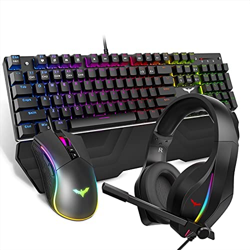 HAVIT Wired Mechanical Keyboard Mouse Headset Kit, Blue Switch Keyboards, Gaming Mouse & RGB Headphones for Laptop Computer PC Games