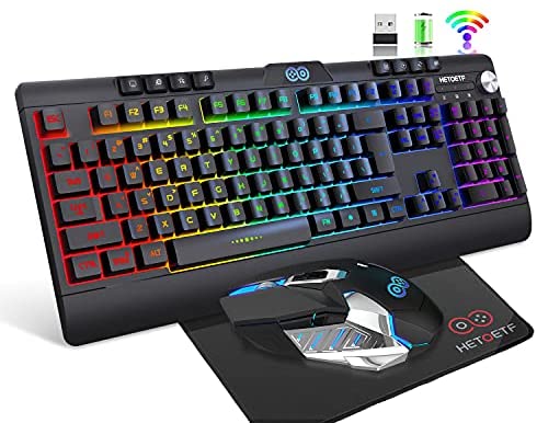 HETOETF Wireless Gaming Keyboard and Mouse Combo with Rainbow LED Backlit Rechargeable 4000mAh Battery Mechanical Ergonomic Feel Dustproof 16 Color Backlit Mice for Computer Mac Gamer (Black)