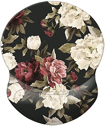HEVITDA Mouse Pad with Wrist Support, Gaming Mouse Pad, Flowers Mouse Pad with Lycra Cloth, Pain Relief Mousepad with Non-Slip PU Base for Home, Office Desktop Accessories, White Red Flowers on Black