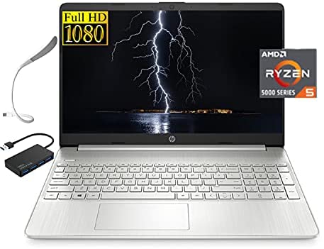 HP 15.6″ FHD Laptop Computer, AMD Ryzen 5-5500 (Beat i5-10500) 6-Cores Processor, 16GB RAM, 512GB SSD, HD Webcam, HDMI, Bluetooth, Wi-fi, Windows 10, Silver + TSBEAU 3.0 Hub & USB LED Light