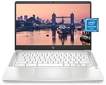 HP Chromebook 14 Laptop, Intel Celeron N4000 Processor, 4 GB RAM, 32 GB eMMC, 14” HD Display, Chrome, Lightweight Computer with Webcam and Dual Mics, Home, School, Music, Movies (14a-na0021nr, 2021)