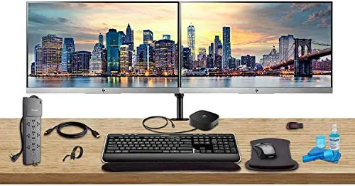 HP Home Office Bundle with 2 x E223 22″ Monitors (HDMI, DisplayPort) – HP USB-C Dock – Dual Monitor Stand – Wireless Keyboard and Mouse, Gel Wrist Pad – Surge Protector – 32GB USB Drive and More