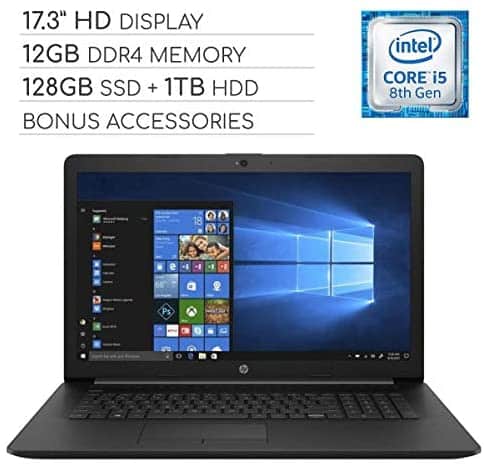 HP Pavilion 2019 Premium 17.3 inch HD Laptop Notebook Computer, 4-Core Intel Core i5-8265U 1.60 GHz, 12GB RAM, 128GB SSD + 1TB HDD, DVD, Wi-Fi, Bluetooth, Webcam, HDMI, Windows 10, Bonus Accessories