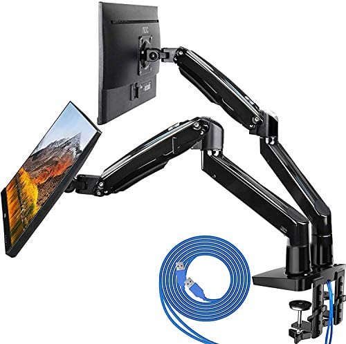 HUANUO Dual Monitor Mount Stand – Long Double Arm Gas Spring Monitor Desk Mount for 2 Screens 22 to 35 Inch Height Adjustable VESA Bracket with Clamp, Grommet Base -Each Arm Hold up to 26.4 lbs