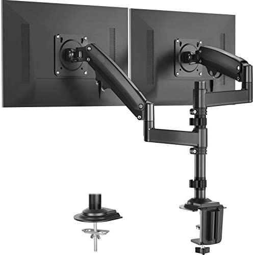HUANUO Dual Monitor Stand – Height Adjustable Gas Spring Arm Swivel Monitor Desk Mount Fits Two 22 to 32 inch Computer Screen with C Clamp, Grommet Mounting Base, Each Arm Hold 4.4 to 26.5 lbs
