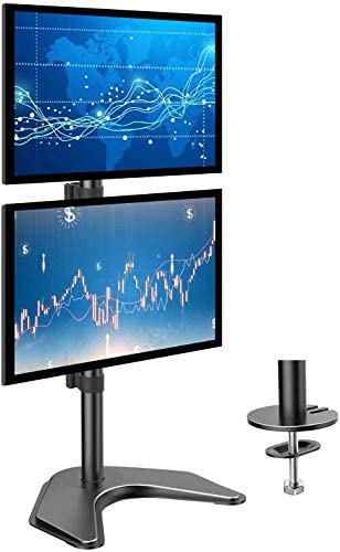 HUANUO Dual Monitor Stand – Vertical Stack Screen Free-Standing Holder LCD Desk Mount Fits Two 13 to 32 Inch Computer Monitors with C Clamp Grommet Base