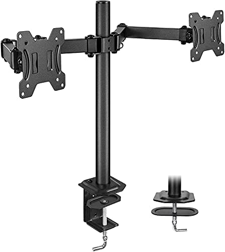 HUANUO Dual Monitor Stand for 13-27 inch Screens, Heavy Duty Fully Adjustable Monitor Desk Mount, VESA Mount with C Clamp, Each Arm Holds 4.4 to 22.4lbs
