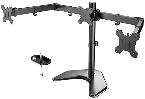 HUANUO Triple Monitor Stand – Free Standing Fully Adjustable Monitor Desk Mount – Tilts, Swivels, Rotates – Fits 3 LCD LED OLED Screens 13-24 Inches in Size, Each Arm Holds up to 22lbs