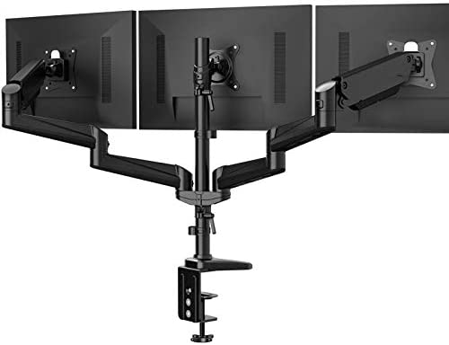 HUANUO Triple Monitor Stand – Full Motion Articulating Aluminum Gas Spring Monitor Mount Fits Three 17 to 32 inch Flat/Curved LCD Computer Screens with Clamp, Grommet Kit, Black