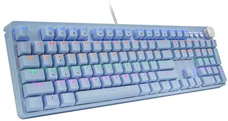 HUO JI BT-855 Mechanical Gaming Keyboard, USB Wired with Blue Switches, Rainbow LED Backlit, Multimedia Keys, 108 Keys No Conflict, Blue