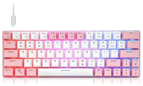 HUO JI CQ63 60% RGB Mechanical Keyboard 63 Keys, Wired/Wireless Bluetooth Mini Portable Keyboard Gaming/Office for iOS Android Windows and Mac with Brown Switch -White&Pink