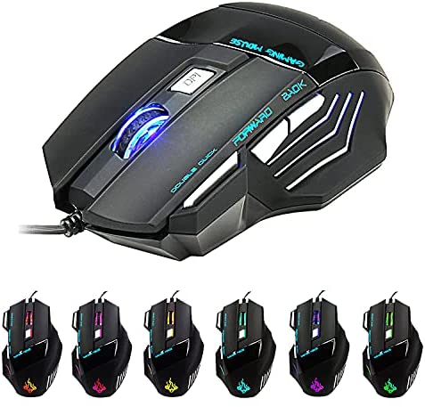 HUYVMAY Wired Gaming Mouse with Fire Button, Ergonomic Grip Optical Mouse Mice with 7 Buttons, 7 Changeable LED Color,1200 to 5500 DPI Adjustable Mouse for Laptop PC Computer Games and Work