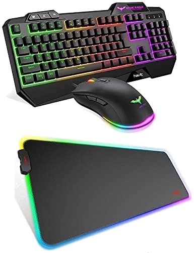 Havit Keyboard Rainbow Backlit Wired Gaming Keyboard Mouse Combo and RGB Mouse Pad Large