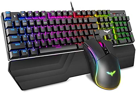 Havit Mechanical Keyboard and Mouse Combo RGB Gaming 104 Keys Blue Switches Wired USB Keyboards with Detachable Wrist Rest, Programmable Gaming Mouse for PC Gamer Computer Desktop (Black)
