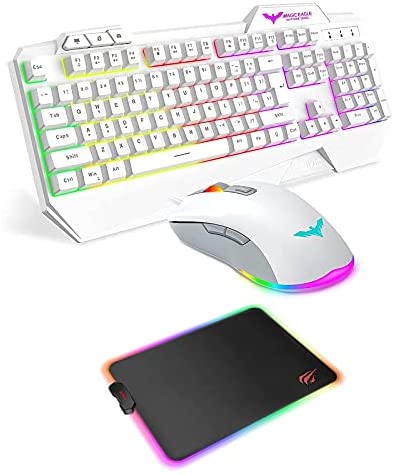 Havit White Rainbow Backlit Wired Gaming Keyboard Mouse Combo and Havit RGB Gaming Mouse Pad for Laptop Computer PC Games