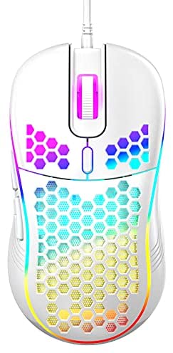 Honeycomb Wired Gaming Mouse, RGB Backlight and 7200 Adjustable DPI, Ergonomic and Lightweight USB Computer Mouse with High Precision Sensor for Windows PC & Laptop Gamers (White)