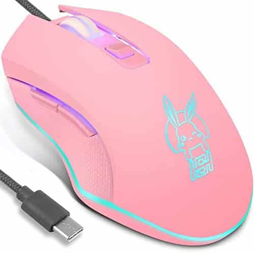 IULONEE USB Type C Wired Mouse,Silent Computer Mouse Optical Gaming Mice Ergonomic 7 LED Backlight 2400 DPI 6 Buttons for Office Home Windows PC,Laptop,Desktop,Notebook,MacBook(Type-C Pink)