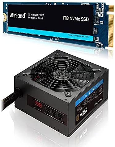 Inland Premium 1TB NVMe SSD Bundle with PowerSpec 650W PC Power Supply, M.2 2280 PCIe Gen 3.0×4 3D NAND Internal Solid State Drive Combo with Semi Modular ATX PSU 80PLUS Bronze Certified 135mm Fan