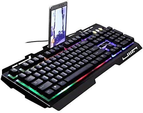 JUNXI Computer ZGB G700 104 Keys USB Wired Mechanical Feel RGB Backlight Metal Panel Suspension Gaming Keyboard with Phone Holder(Black) Never Fade (Color : Black)