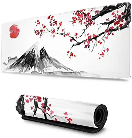 Japan Ink Painting Fuji Mountain Sakura Sun Gaming Mouse Pad XL, Extended Large Mouse Mat Desk Pad, Stitched Edges Mousepad, Long Non Slip Rubber Base Mice Pad, 31.5 X 11.8 Inch
