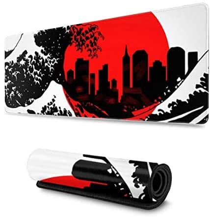 Japanese City Skyline Gaming Mouse Pad XL, Extended Large Mouse Mat Desk Pad, Stitched Edges Mousepad, Long Non Slip Rubber Base Mice Pad, 31.5 X 11.8 Inch