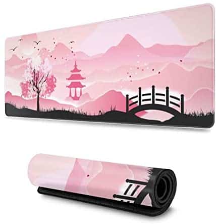 Japanese Landscape Pink Sakura Cherry Blossom Gaming Mouse Pad, Long Extended XL Mousepad Desk Pad, Large Non Slip Rubber Mice Pads Stitched Edges, 31.5” X 11.8”