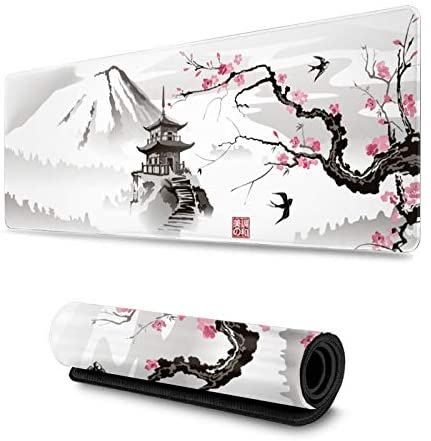 Japanese Pagoda and Cherry Blossom Sakura Branch Gaming Mouse Pad XL, Extended Large Mouse Mat Desk Pad, Stitched Edges Mousepad, Long Non Slip Rubber Base Mice Pad, 31.5 X 11.8 Inch