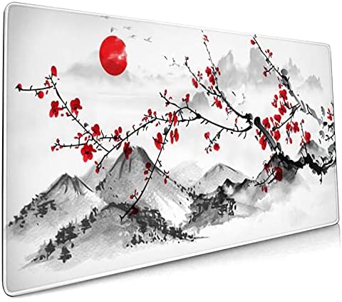 Japanese Sakura & Cherry Blossom Mouse Pad 35.4 X 15.7 Inch Extended Large Pink Mouse Mat Non-Slip Rubber Base Mousepad with Stitched Edges Waterproof Desk Pad for Gaming and Home Office,XL