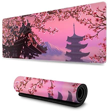 Japanese Sakura Flower Gaming Mouse Pad XL, Extended Large Mouse Mat Desk Pad, Stitched Edges Mousepad, Long Non Slip Rubber Base Mice Pad, 31.5 X 11.8 Inch