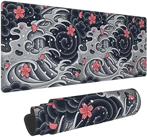 Japanese Wave with Sakura Gaming Mouse Pad XL,Extended Large Mouse Mat Desk Pad, Stitched Edges Mousepad,Long Non-Slip Rubber Base Mice Pad,31.5X11.8 Inch