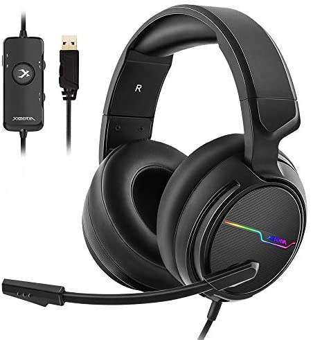 Jeecoo Xiberia USB Pro Gaming Headset for PC- 7.1 Surround Sound Headphones with Noise Cancelling Microphone- Memory Foam Ear Pads RGB Lights for Laptops