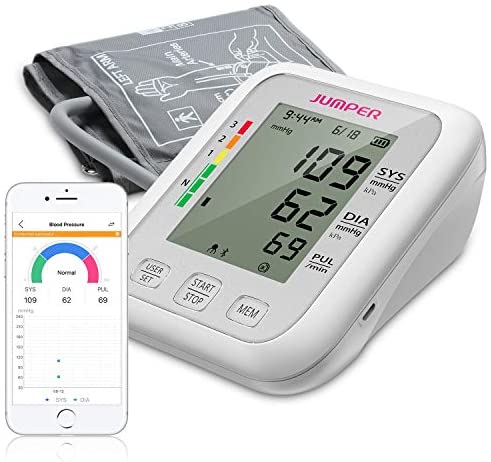 Jumper JPD-HA120 Wireless Upper Arm Blood Pressure Monitor Automatic w/ Bluetooth Blood Pressure and Heart Rate Pulse 2 x 99 Reading Memory w/ Large Display