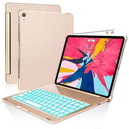 KVAGO Keyboard Case for iPad Pro 11 inch 2018, 7 Color Backlit Bluetooth Keyboard, Auto Wake/Sleep Folio Cover, Protective Hard Case with Wireless Keyboard for iPad Pro 11 inch 1st Gen, Gold