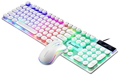 Kesoto USB Wired RGB Rainbow Backlit PC Gaming Keyboard Mouse Set, Professional Mechanical Feeling – White