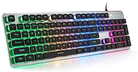 LANGTU Membrane Gaming Keyboard, Colorful LED Backlit Quiet Keyboard for Study, All-Metal Panel USB Wired 25 Keys Anti-ghosting Computer Keyboard 104 Keys – L1 Black/Silver