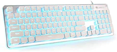 LED Computer Keyboard, LANGTU USB Wired Keyboard for Gaming and Office, All-Metal Panel 104 Keys Quiet Membrane Keyboard with Blue Backlit – L2 White/Silver