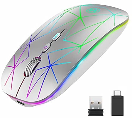 LED Wireless Computer Mouse with Home Button, 2.4G Slim Rechargeable Wireless Mouse with USB Receiver and Type C Adapter, Silent Optical LED Wireless Mice for Laptop, PC, Desktop (Starry Silver)