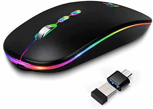 LED Wireless Mouse, Slim Rechargeable Silent Bluetooth Mouse, Portable USB Optical 2.4G Wireless Bluetooth Two Mode Computer Mice with USB Receiver and Type C Adapter (Black)